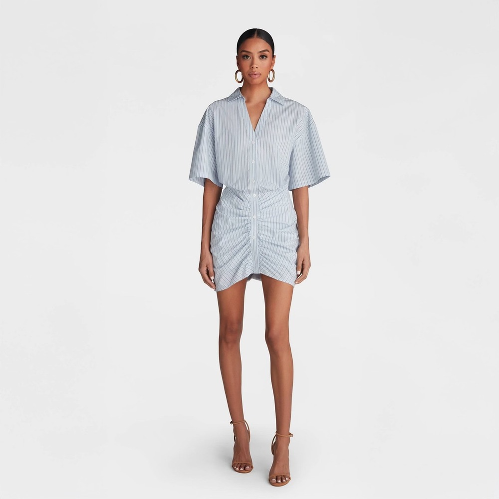 KBB KAHLANA Target M‎ Medium Short Sleeve The Ruched Shirt Dress Blue White Midi